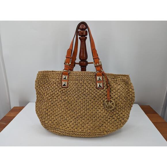 Michael Kors Santorini Large Straw Basket Tote Beach Bag Orange Leather Trim - Picture 1 of 10